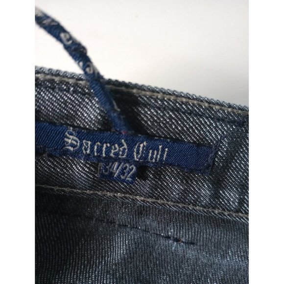 SACRED CULT Men’s Jeans Sz 34x32 Whiskered Embroidered Metallic Straight Leg VGC - Picture 4 of 8